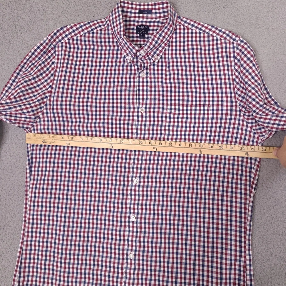J Crew Shirt Mens XL Slim Fit Red White Blue Gingham Plaid Flex Washed Button Up